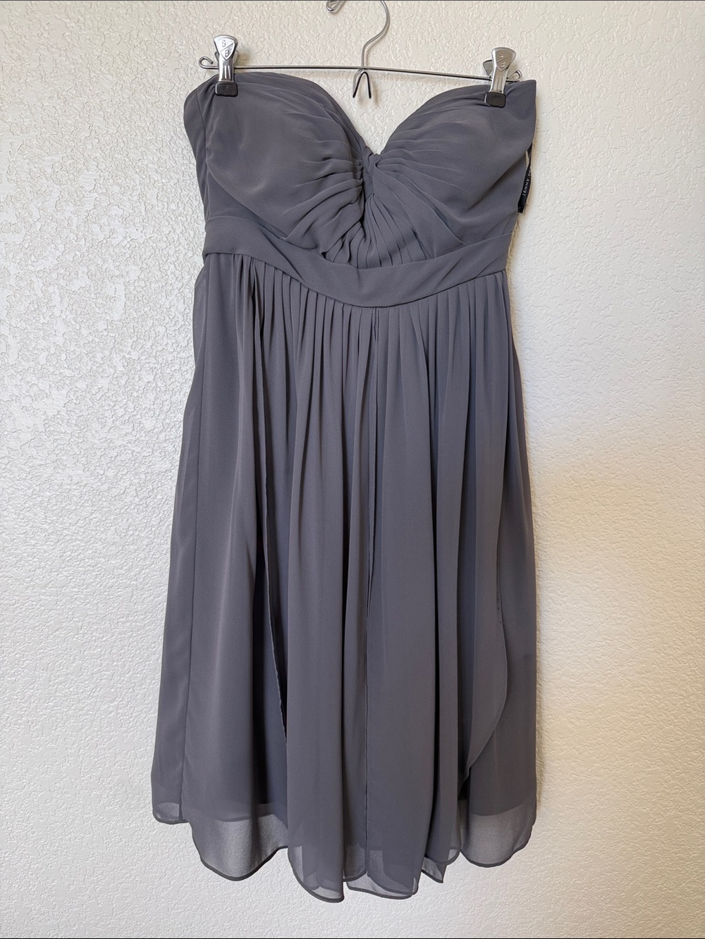 Jenny Yoo Strapless Grey Chiffon Ruched Sweetheart Midi Dress